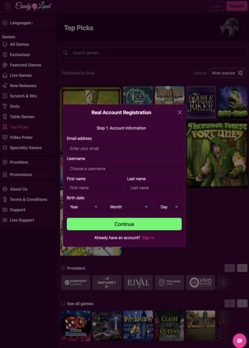 Quick registration signup process Candyland Casino